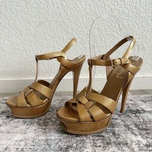 Saint Laurent Tribute Leather T-Strap Gold Sandals